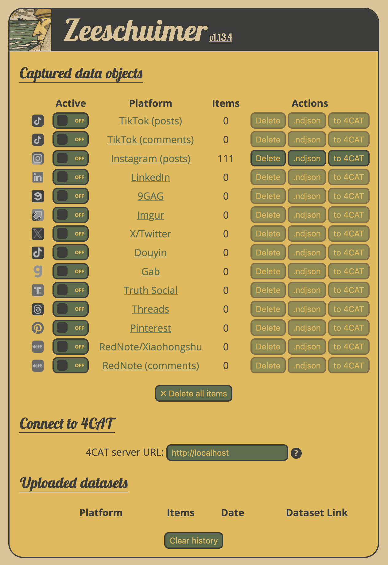Zeeschuimer's control panel